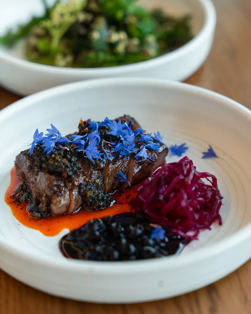 A fire-cooked meat course with cornflowers, pickled red cabbage and dark sauce