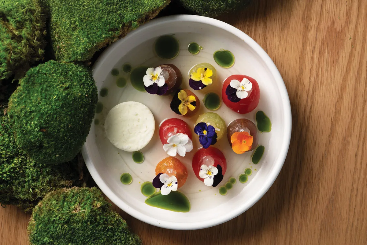Heirloom tomatoes with fresh cheese and edible flowers in a ceramic bowl, set on moss